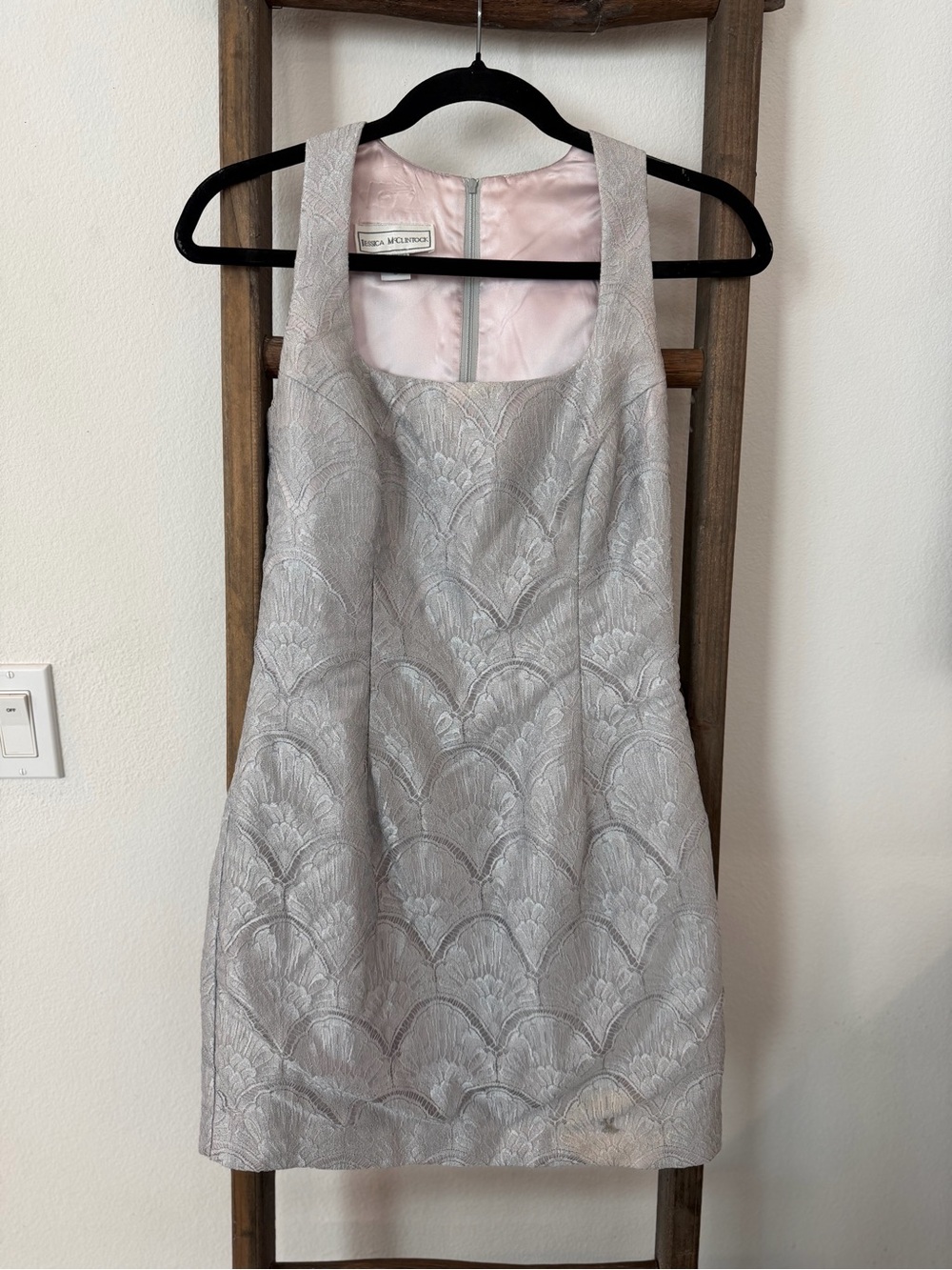 Jessica McClintock Silver Brocade Scoop Neck Dress